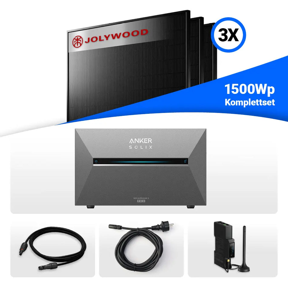 1500W Balkonkraftwerk mit Speicher - 3x Jolywood 500W JW-HD108N-R2 Bifazial Glas-Glas Full Black & Anker Solix Solarbank 2 Pro