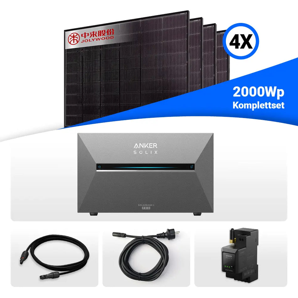 2000W Balkonkraftwerk mit Speicher - 4x Jolywood 500W Full Black bifazial & Anker Solix Solarbank 3 Pro