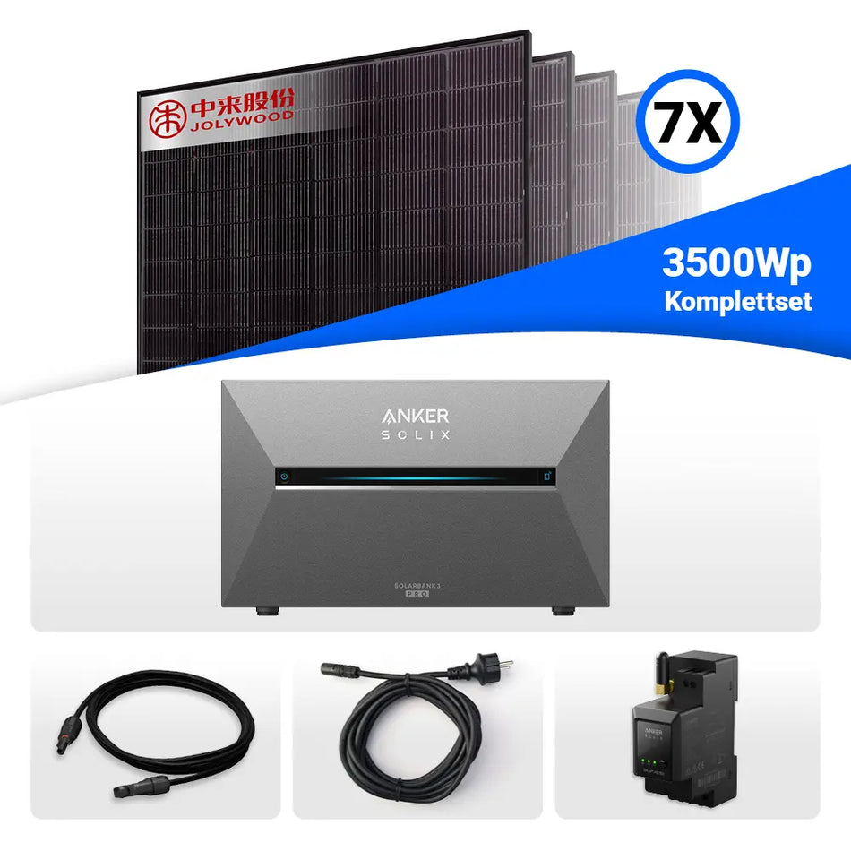 3500W Solarkraftwerk mit Speicher - 7x Jolywood 500W Full Black bifazial & Anker Solix Solarbank 3 Pro