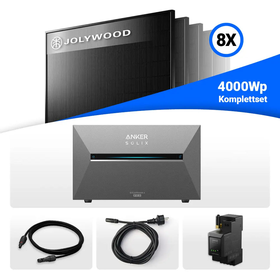 4000W Solarkraftwerk mit Speicher - 8x Jolywood 500W Full Black bifazial & Anker Solix Solarbank 3 Pro