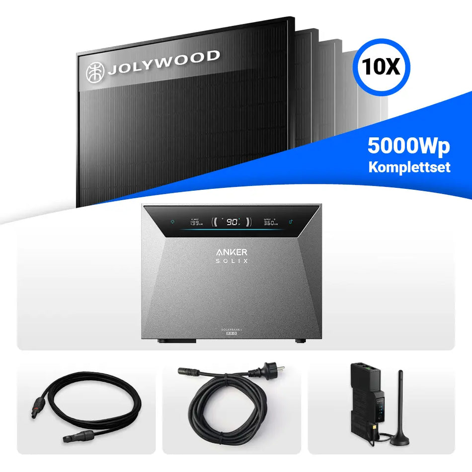 5000W Solarkraftwerk mit Speicher - 10x Jolywood 500W Full Black bifazial & Anker Solix Solarbank 4 Pro