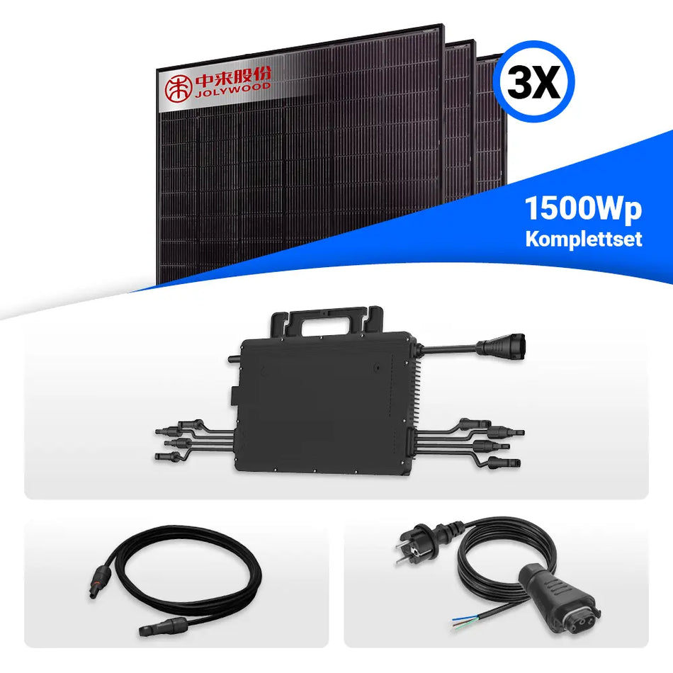 1500W Balkonkraftwerk - 3x Jolywood 500W Full Black bifazial & Hoymiles HiFlow HMS-2000-4WB Wechselrichter