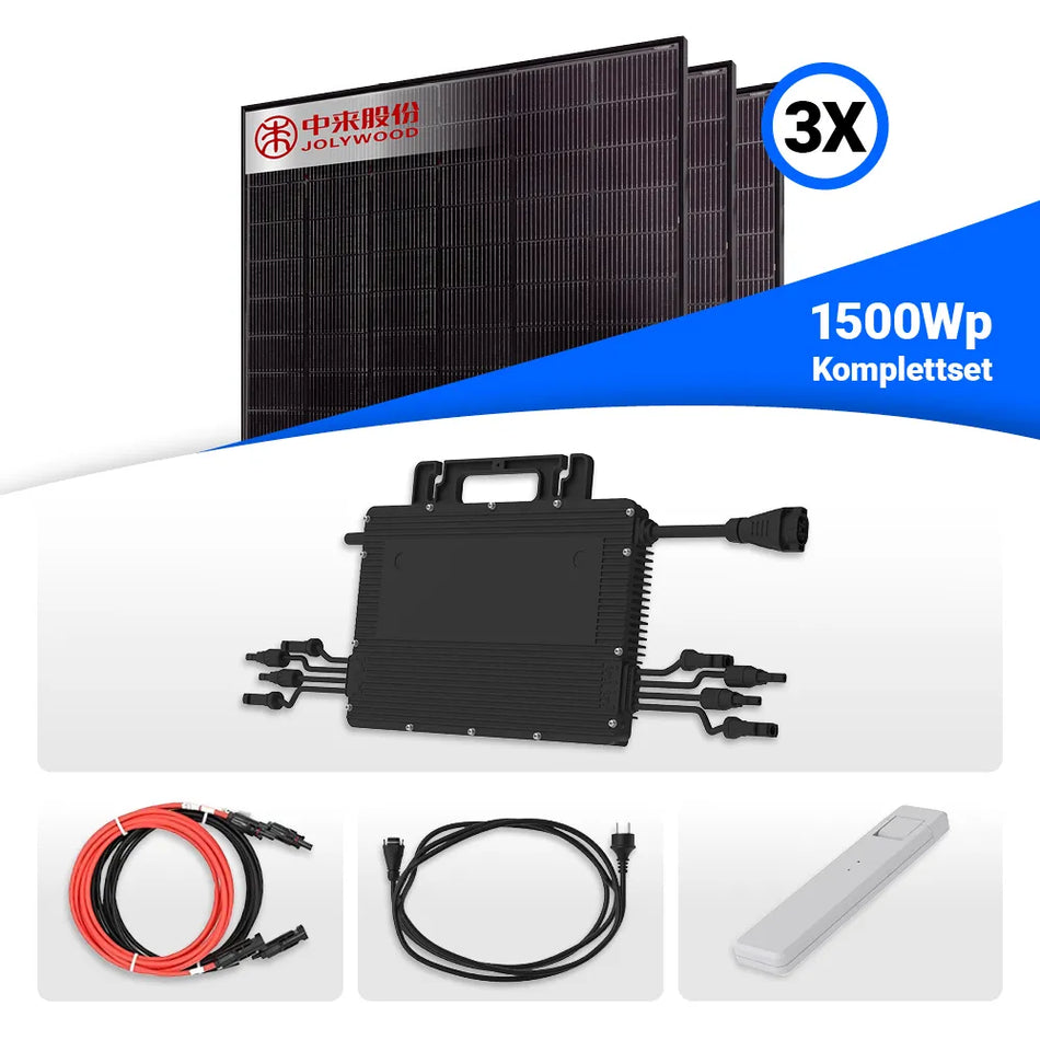 Produktbild 1500W Balkonkraftwerk - 3x Jolywood 500W Full Black bifazial & Hoymiles HMS-1600W-4T Wechselrichter inkl. DTU WLITE-S