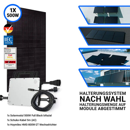 500W Balkonkraftwerk mit 1 Jolywood Solarmodul 500W 1 Anschlusskabel 1 Hoymiles Wechselrichter und Halterungssystem nach Wahl 