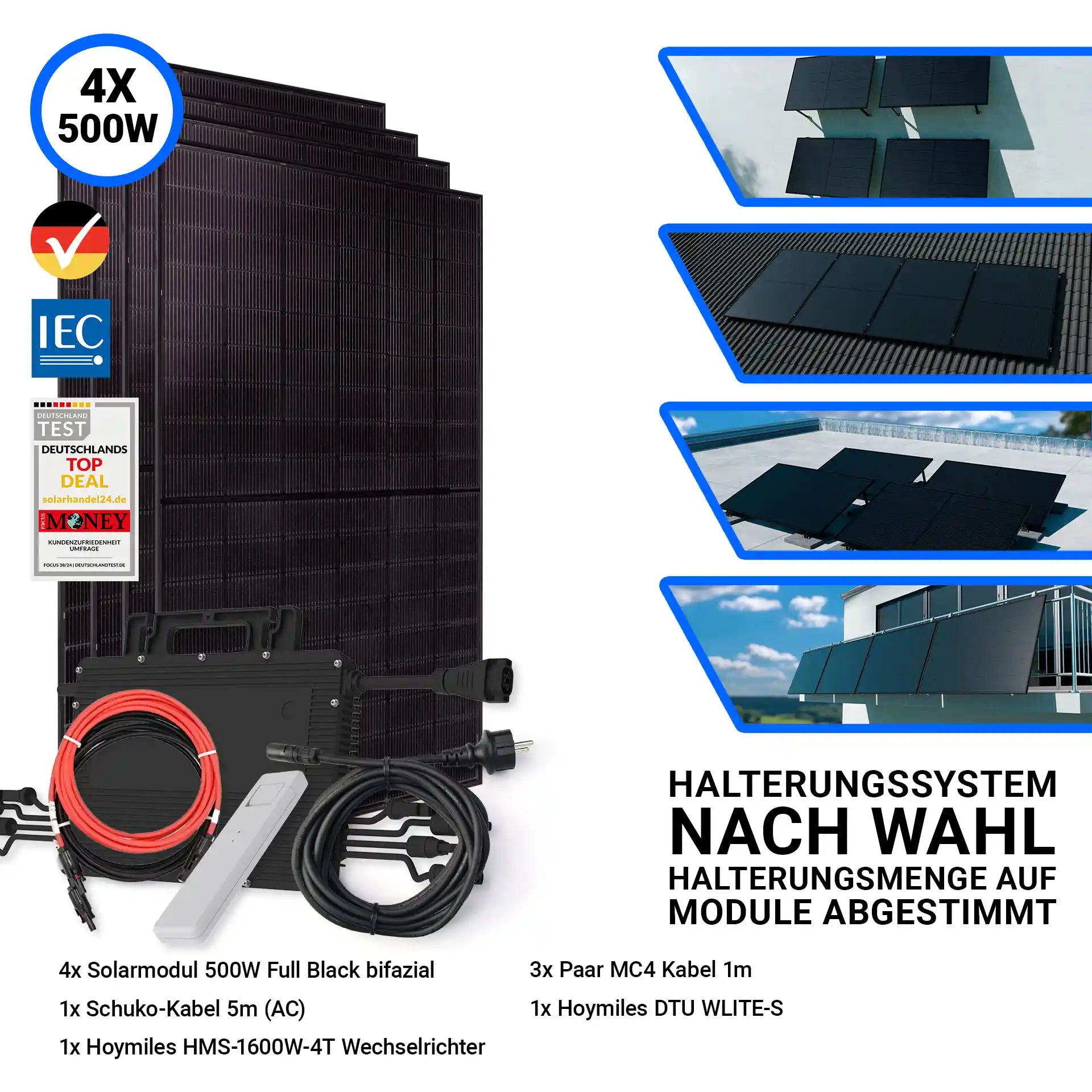 2000W Balkonkraftwerk mit 4 Jolywood Solarmodul 500W 1 Anschlusskabel 1 Hoymiles Wechselrichter und Halterungssystem nach Wahl 