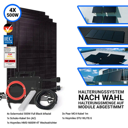 2000W Balkonkraftwerk mit 4 Jolywood Solarmodul 500W 1 Anschlusskabel 1 Hoymiles Wechselrichter und Halterungssystem nach Wahl 
