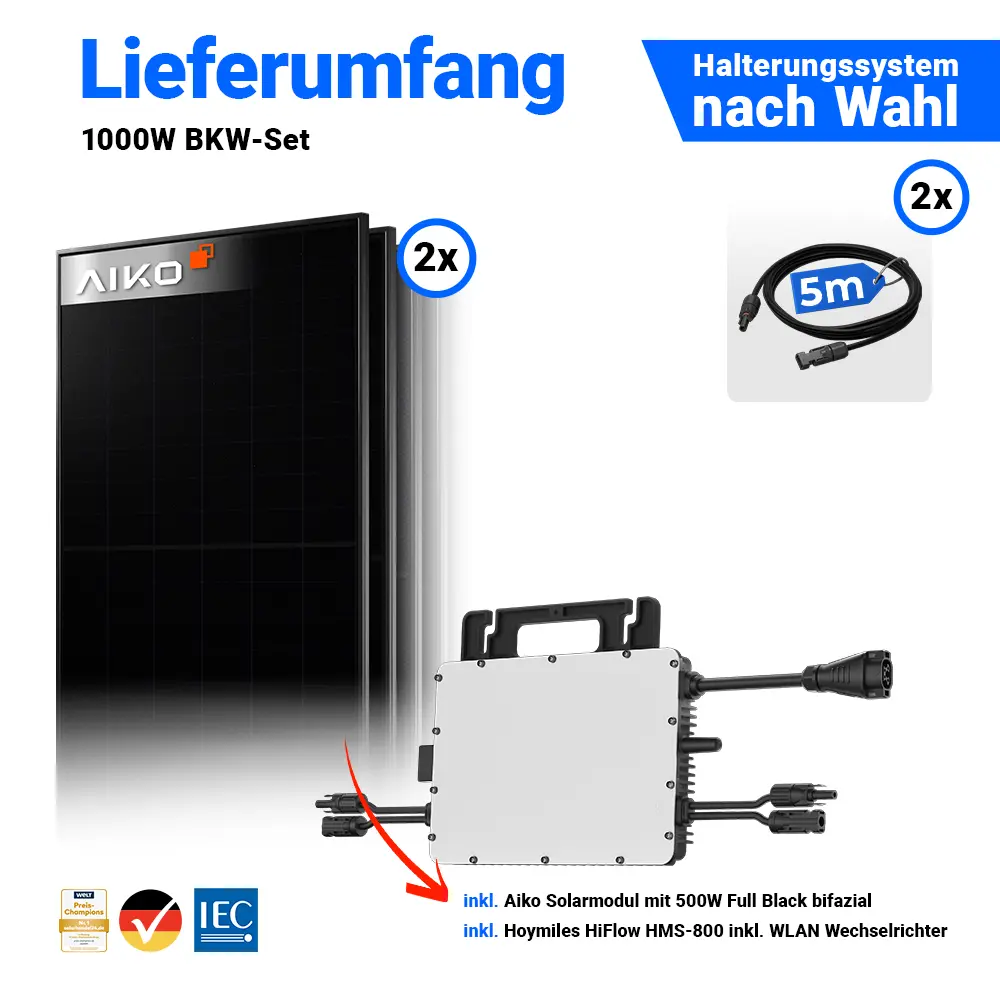 Lieferumfang 1000Wp Balkonkraftwerk: 2x AIKO 500W Module & Hoymiles HMS-2000-4WB.
