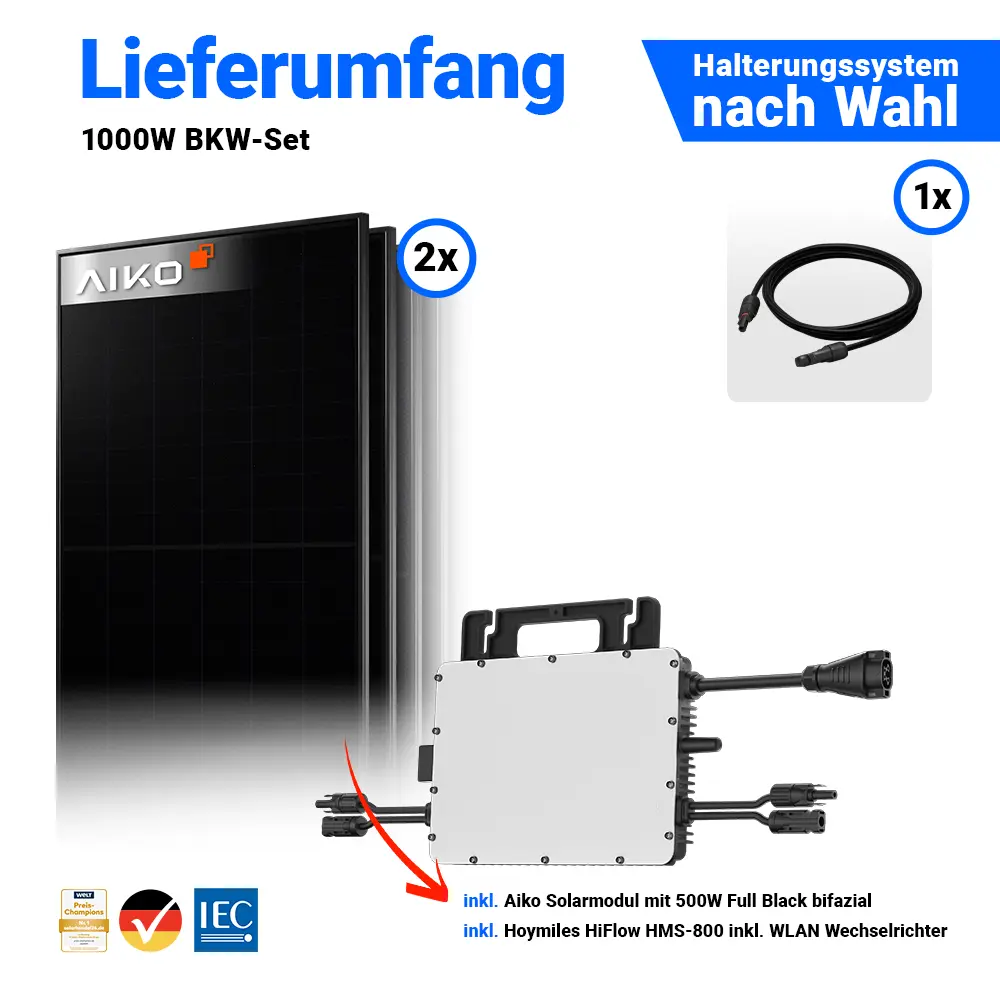 Balkonkraftwerk 800W Lieferumfang: Zwei AIKO 500W Panels & Hoymiles HMS-800 Wechselrichter.