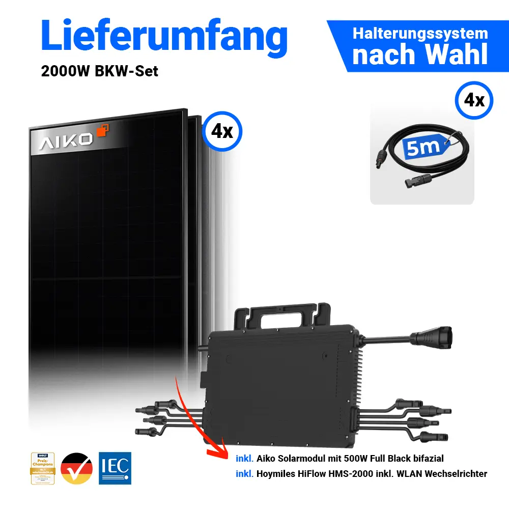 Lieferumfang 2000Wp Solaranlage: 4x AIKO 500W Panels & Hoymiles HMS-2000-4WB.