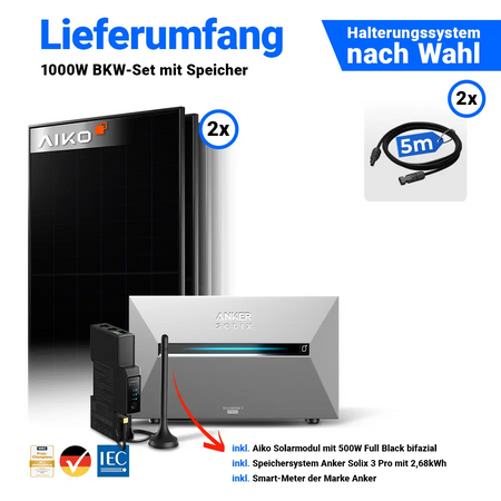 Lieferumfang 1000Wp Balkonkraftwerk Set: 2x AIKO 500W Full Black bifazial Module und Anker Solix Solarbank 3 Pro.