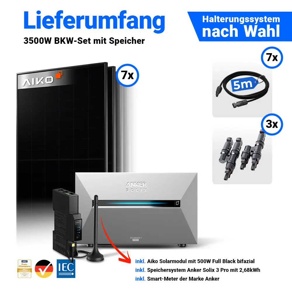 Lieferumfang 3500Wp Balkonkraftwerk Speicher-Set: 7 AIKO 500W Module und Anker Solix Solarbank 3 Pro.