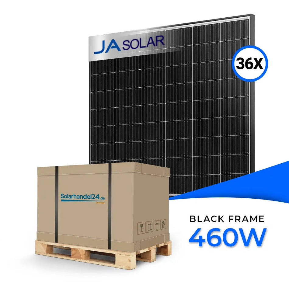 Palette mit 36 JA Solar bifazialen Glas-Glas Solarmodulen, Modell JAM54D40, schwarzer Rahmen, Leistung 460 Watt, verpackt auf Holzpalette mit Karton von Solarhandel24.de, daneben ein einzelnes Modul in schwarzem Design.