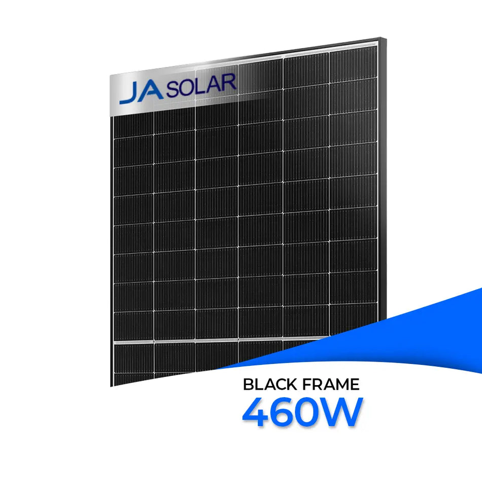 JA Solar bifaziales Glas-Glas Solarmodul mit schwarzem Rahmen, Modell JAM54D40, Leistung 460 Watt, Frontansicht mit rechteckigen monokristallinen Zellen in schwarzem Design.