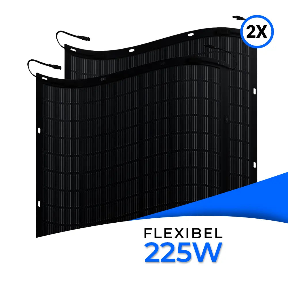 Zwei flexible Solarmodule von solago mit jeweils 225 W Leistung, schwarz, leicht gebogen angeordnet, mit Anschlusskabeln. Erhältlich bei SH24.