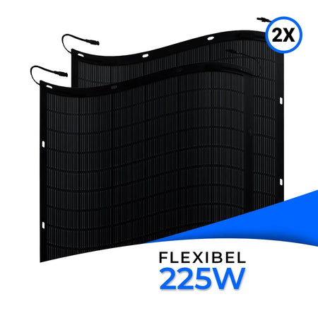 Zwei flexible Solarmodule von solago mit jeweils 225 W Leistung, schwarz, leicht gebogen angeordnet, mit Anschlusskabeln. Erhältlich bei SH24.