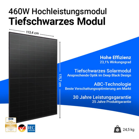 Aiko Solar 460W Glas-Glas Full Black Solarmodul AIKO-A-MAH54Db Neostar 2S+ – Hochleistungsmodul mit 23,1 % Wirkungsgrad, tiefschwarzem Deep Black Design, moderner ABC-Technologie für beste Verschattungsoptimierung, 30 Jahren Leistungsgarantie und 25 Jahren Produktgarantie. Maße 175,7 x 113,4 cm, Gewicht 24,5 kg. Erhältlich bei sh24