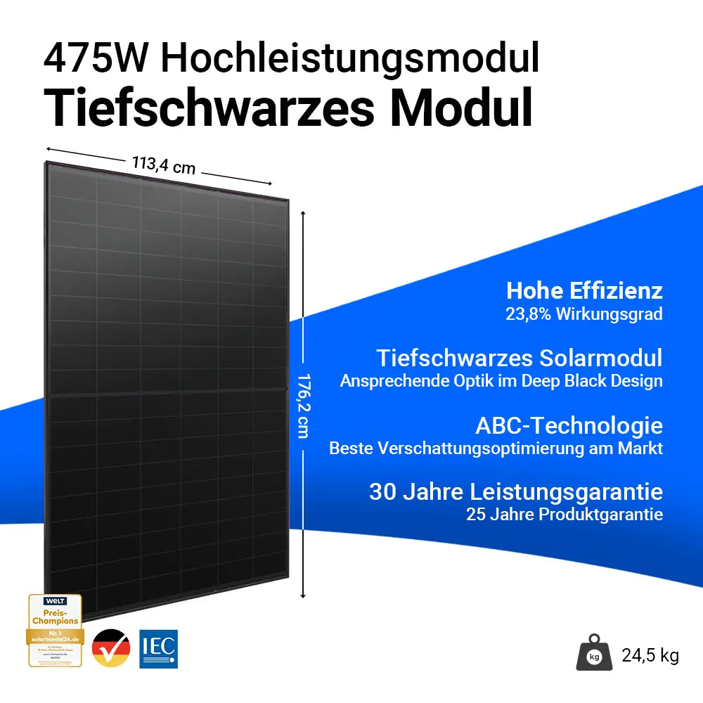 Aiko Solar 475W Dual Glass Full Black Solarmodul AIKO-A475-MCE54Db Neostar 3S+ – Hochleistungsmodul mit 23,8 % Wirkungsgrad, tiefschwarzem Deep Black Design, moderner ABC-Technologie für optimale Verschattungsreduzierung, 30 Jahren Leistungsgarantie und 25 Jahren Produktgarantie. Maße 176,2 x 113,4 cm, Gewicht 24,5 kg. Erhältlich bei sh24.