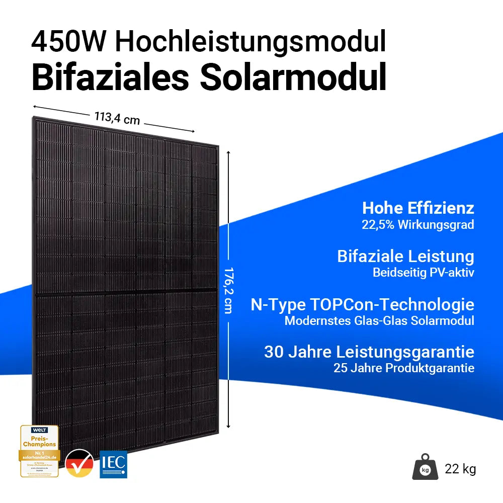 Ja Solar 450W bifaziales Glas-Glas Full Black Solarmodul JAM54D41-LB – Hochleistungsmodul mit 22,5 % Wirkungsgrad, N-Type TOPCon-Technologie, beidseitig PV-aktiv, 30 Jahren Leistungsgarantie und 25 Jahren Produktgarantie. Maße 176,2 x 113,4 cm, Gewicht 22 kg. Erhältlich bei sh24.