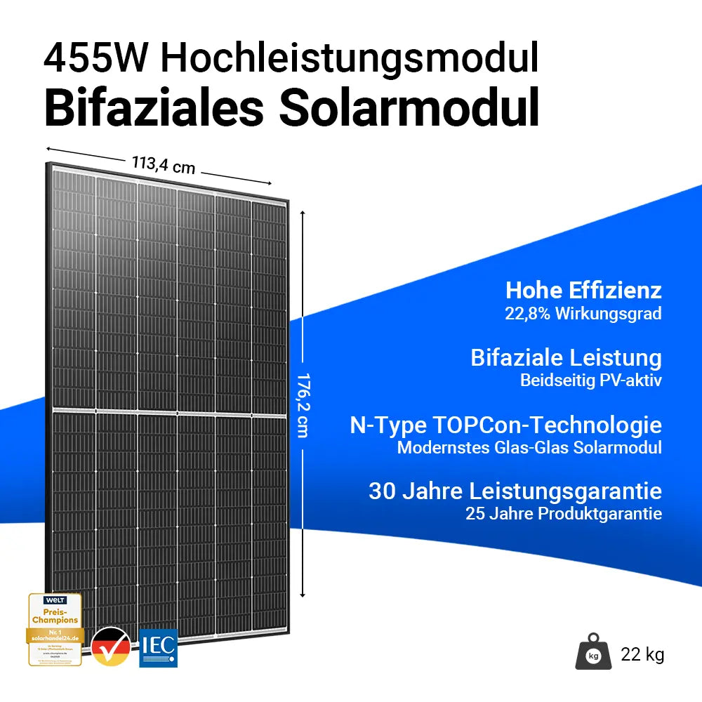 Ja Solar 455W bifaziales Glas-Glas Black Frame Solarmodul JAM54D40 – Hochleistungsmodul mit 22,8 % Wirkungsgrad, N-Type TOPCon-Technologie, beidseitig PV-aktiv, 30 Jahren Leistungsgarantie und 25 Jahren Produktgarantie. Maße 176,2 x 113,4 cm, Gewicht 22 kg. Erhältlich bei sh24.