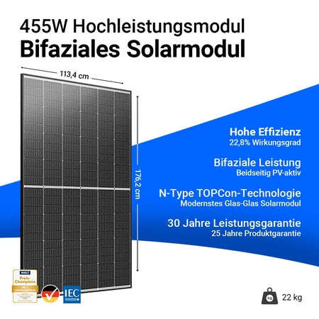 Ja Solar 455W bifaziales Glas-Glas Black Frame Solarmodul JAM54D40 – Hochleistungsmodul mit 22,8 % Wirkungsgrad, N-Type TOPCon-Technologie, beidseitig PV-aktiv, 30 Jahren Leistungsgarantie und 25 Jahren Produktgarantie. Maße 176,2 x 113,4 cm, Gewicht 22 kg. Erhältlich bei sh24.