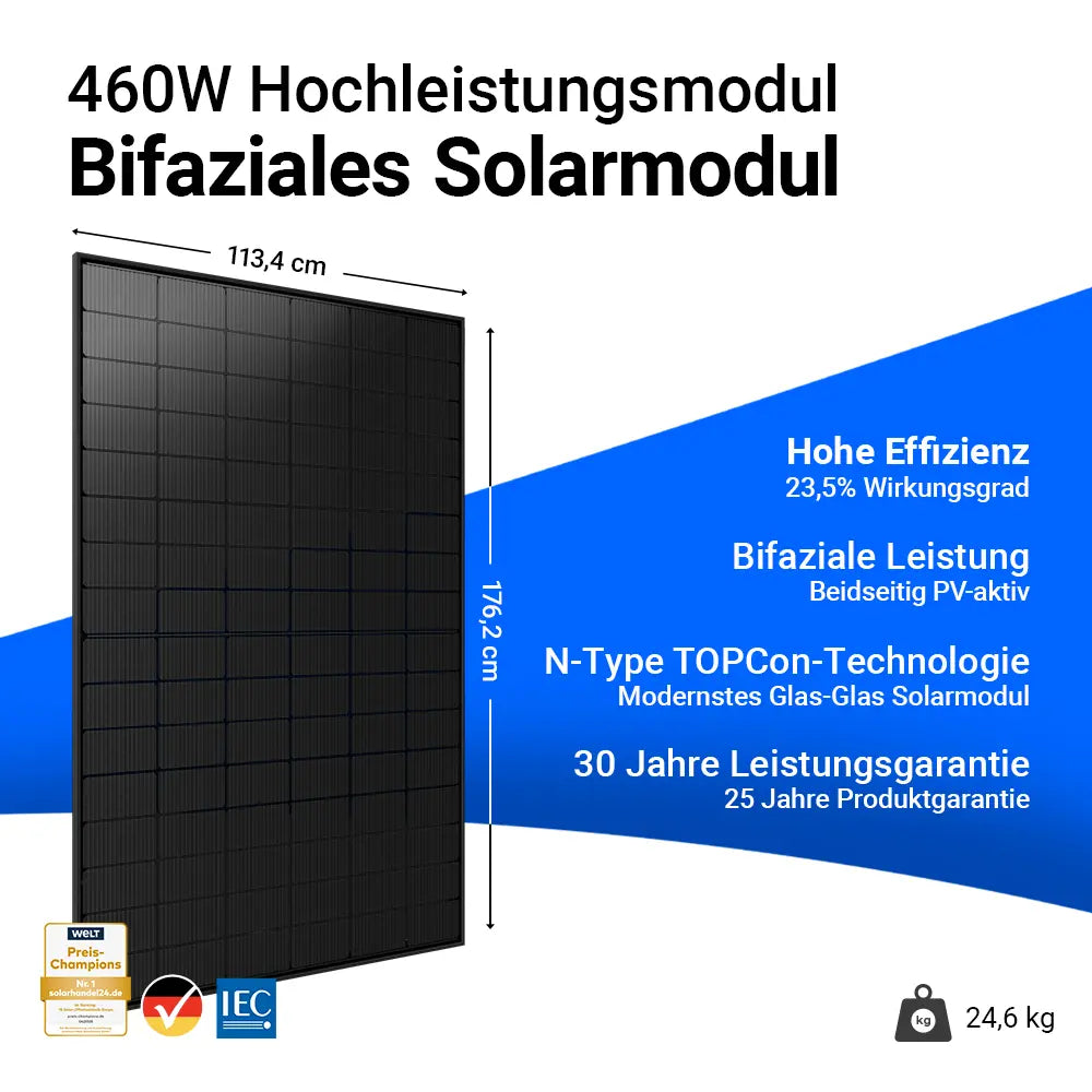 Jolywood 460W bifaziales Glas-Glas Full Black Solarmodul JW-HD96N-R2 – N-Type TOPCon PV-Modul mit 23,5 % Wirkungsgrad und 30 Jahren Leistungsgarantie