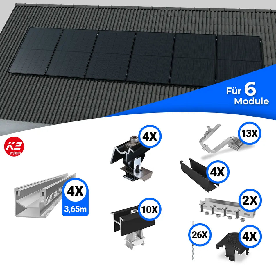 Montageset von K2 Systems für die vertikale Befestigung von Solarmodulen auf Schrägdächern. Enthält Schienen, Dachhaken, Klemmen, Abdeckleisten, Schrauben und weiteres Zubehör für eine sichere und langlebige Montage von sechs PV-Modulen.