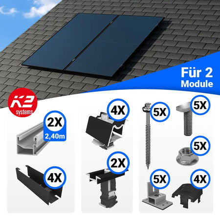 K2 PV-Montagesystem für 2 Solarmodule auf Bitumendach vertikal