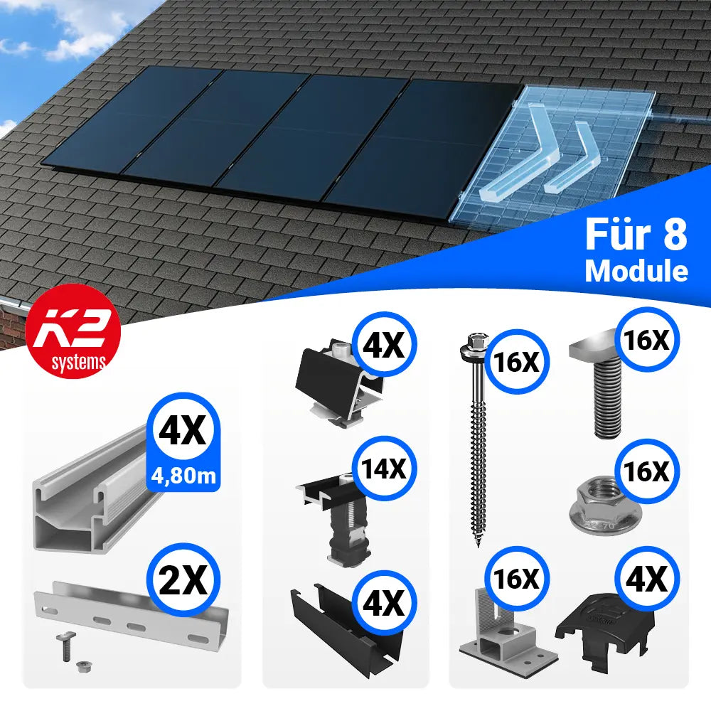 K2 Dachbefestigung für 8 Solarmodule Hochformat auf Bitumendächern