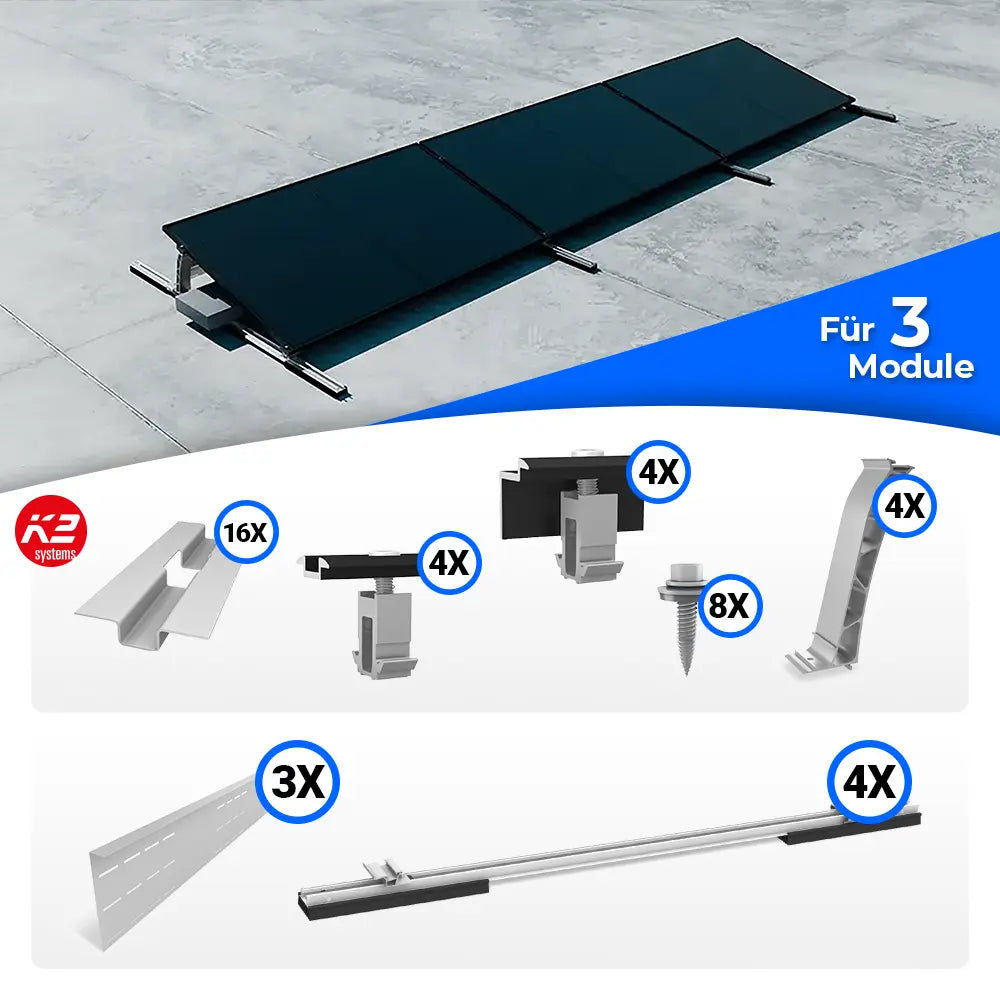 K2 Systems S-Dome Montageset für 3 Module – Flachdach-PV-Unterkonstruktion