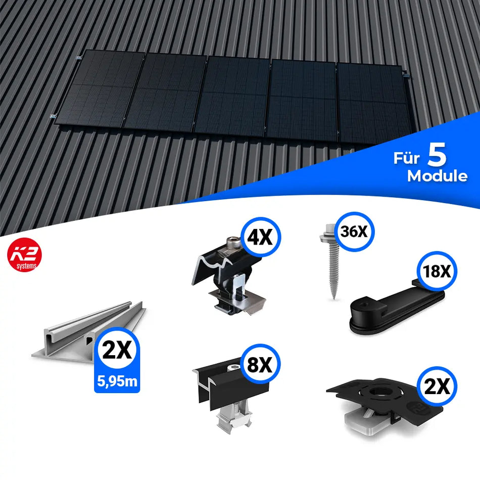 Montageset zur Installation von fünf Solarmodulen auf einem Trapezblechdach. Im oberen Bereich ist eine Beispielmontage mit fünf Modulen abgebildet, im unteren Bereich die enthaltenen Komponenten wie längere Montageschienen (5,95 m), Klemmen, Schrauben und weiteres Zubehör, jeweils mit Mengenangabe.