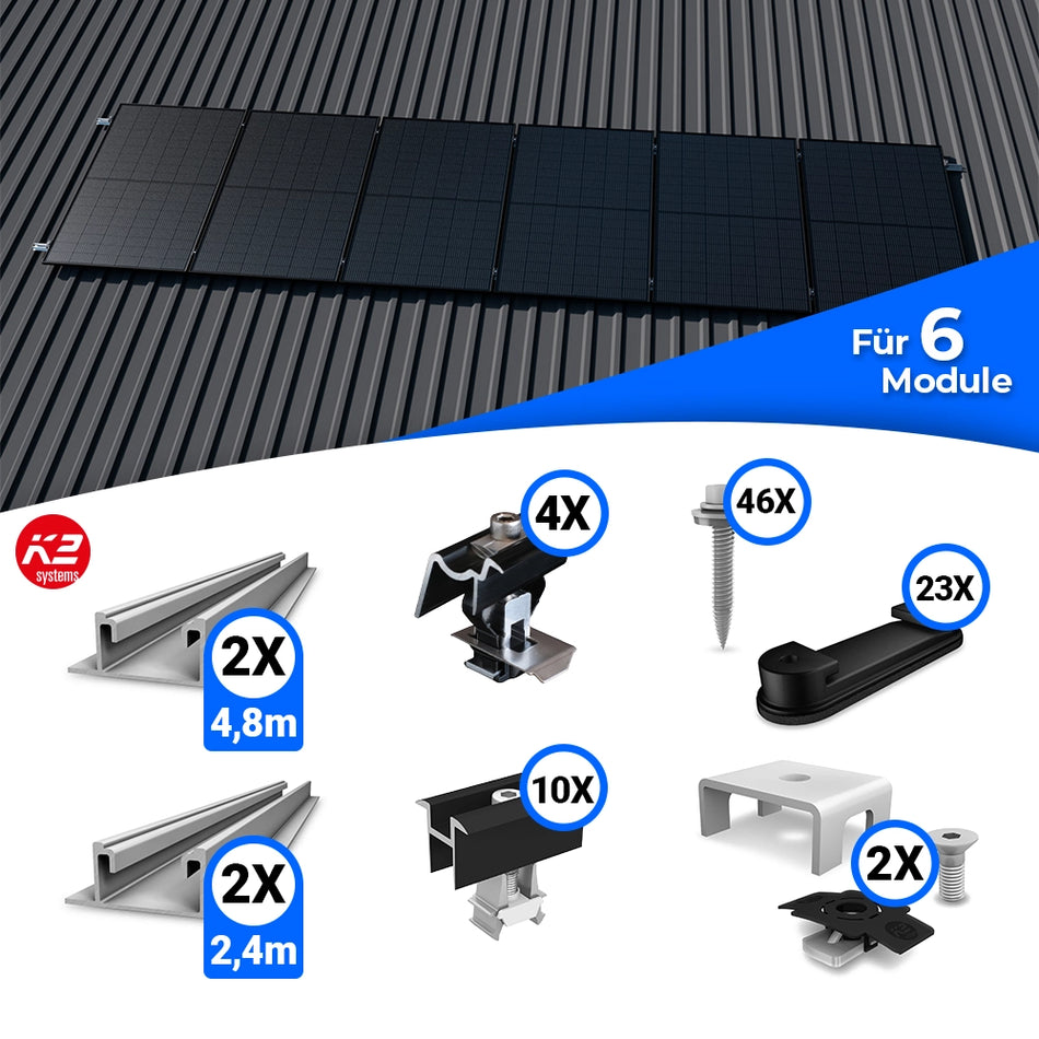 Montageset für sechs Solarmodule auf einem Trapezblechdach. Das obere Bild zeigt eine Beispielinstallation mit sechs Modulen. Darunter sind die Komponenten des Sets dargestellt, einschließlich Montageschienen in zwei Längen (2 × 4,8 m und 2 × 2,4 m), Klemmen, Schrauben, Halteclips sowie weiteres Montagezubehör mit jeweils angegebenen Stückzahlen.