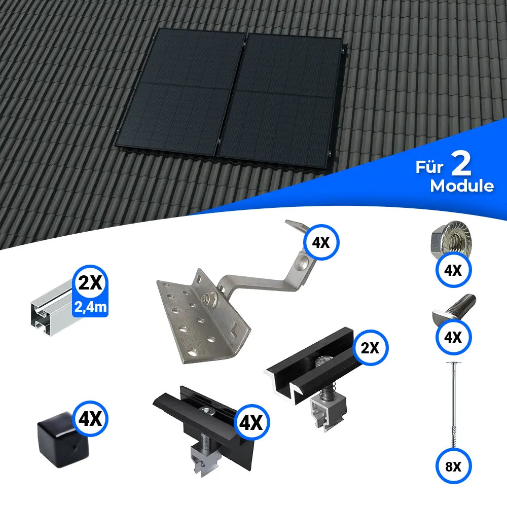 Montageset schwarz für 2 PV-Module (1x2) auf Schrägdach Montageset schwarz für 2 PV-Module (1x2) auf Schrägdach