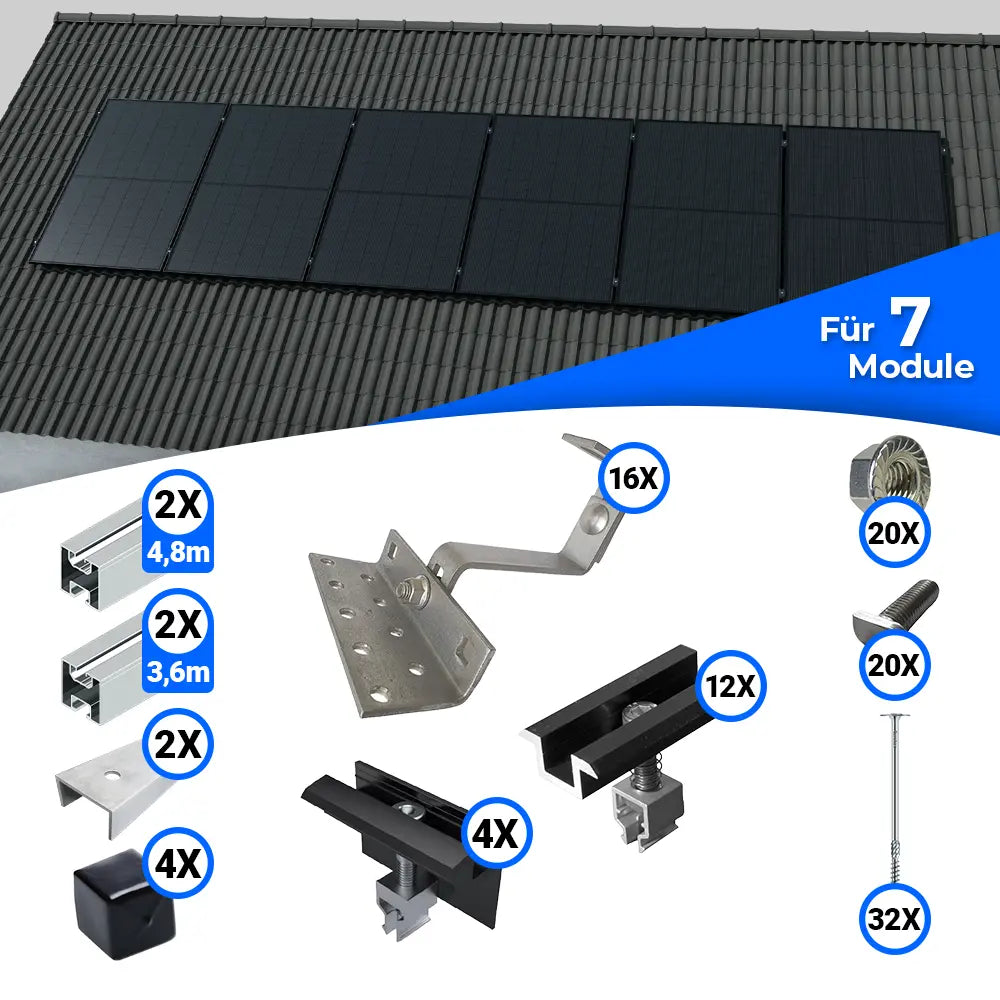 Montageset für die Befestigung von sieben Solarmodulen auf einem Schrägdach. Oben im Bild eine beispielhafte Darstellung der Module auf einem Ziegeldach. Unten sind die Komponenten des Sets abgebildet, einschließlich Aluminiumschienen, Dachhaken, End- und Mittelklemmen, Schrauben und Montagematerial – jeweils mit Stückzahl-Angaben.