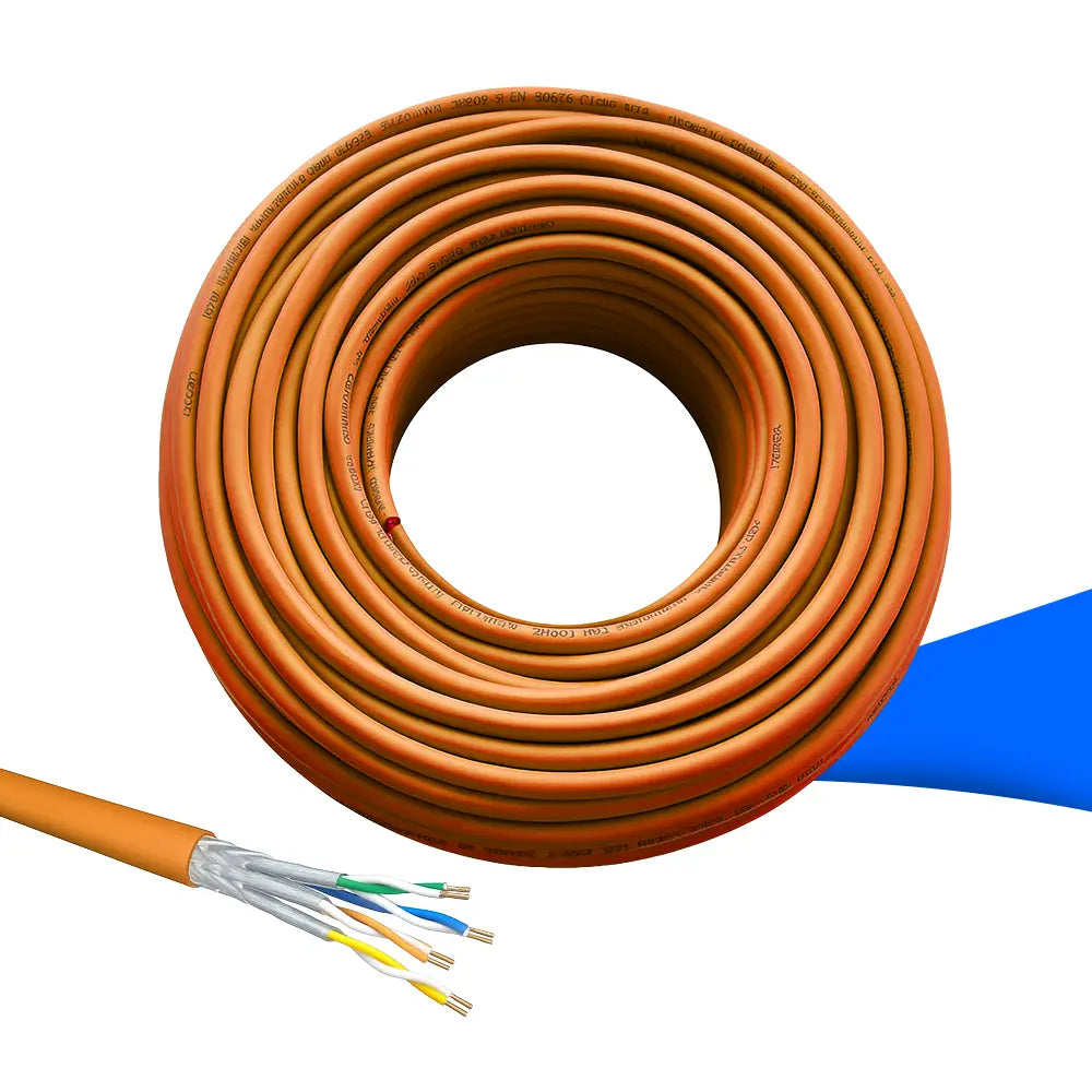 Netzwerkkabel CAT 7 LAN Kabel S/FTP AWG23 LSZH, orange, mit hoher Übertragungsgeschwindigkeit bis 1000 MHz. Ideal für Gigabit- und 10-Gigabit-Netzwerke, professionelle Verkabelung im Büro und Zuhause. Abschirmung gegen Störungen, halogenfrei und flammwidrig. Erhältlich bei SH24.