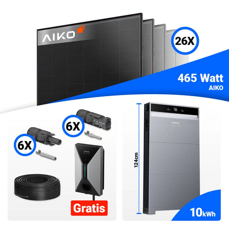 Photovoltaik Komplettset 12 kWp – 26x AIKO 465W Full Black Panels kombiniert mit Anker X1-H12K-T, Speicheroption und kostenloser Wallbox ab 10 kWh.