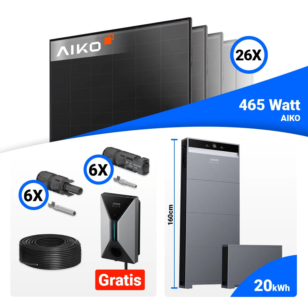 PV-Komplettanlage 12 kWp – AIKO 465W Full Black (26 Stück) in Kombination mit Anker X1-H12K-T, Speicheroption und kostenloser Wallbox ab 10 kWh.