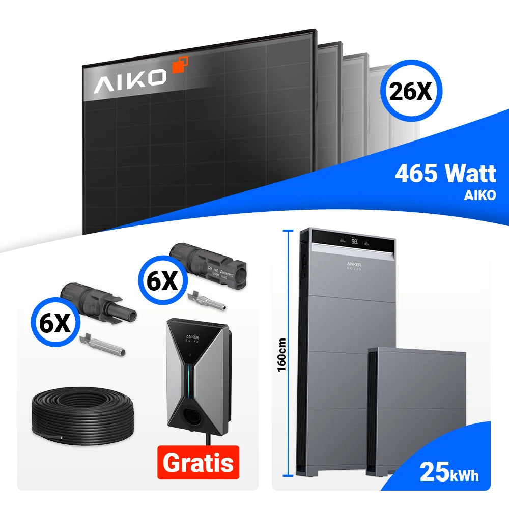 Photovoltaikset 12 kWp mit 26 AIKO 465W Full Black Solarmodulen und Anker X1-H12K-T inklusive Speicheroption und gratis Wallbox ab 10 kWh.