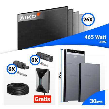 PV-Set 12 kWp – 26x AIKO 465W Full Black Module zusammen mit Anker X1-H12K-T, optionalem Speicher und kostenloser Wallbox ab 10 kWh.
