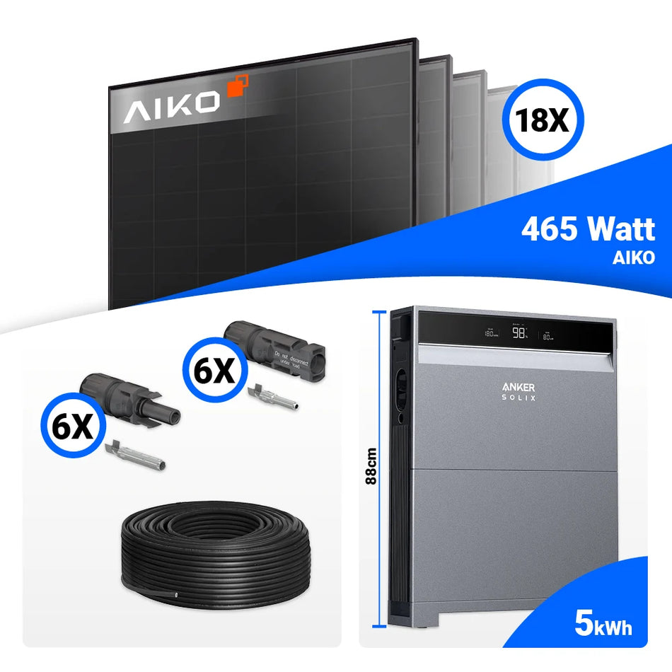 PV-Komplettset 8 kWp mit 18 AIKO 465W Full Black Solarmodulen und Anker X1-H8K-T, optional mit Speicher und gratis Wallbox ab 10 kWh.