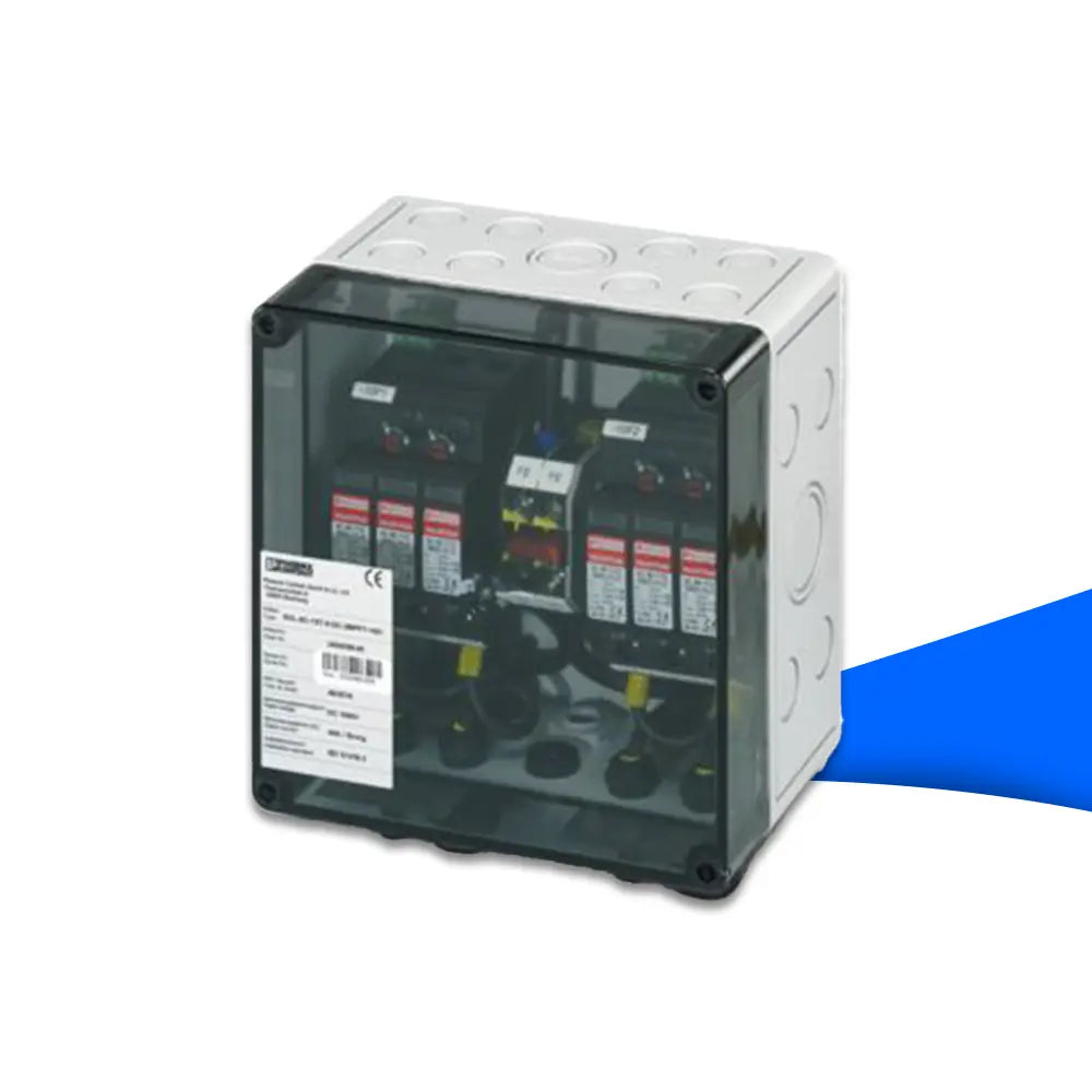 Phoenix Contact Generatoranschlusskasten SOL-SC-1ST-0-DC-2MPPT-1006 – PV-Stringanschlusskasten (DC) für 2 MPPT/2 String-Eingänge, mit Überspannungsschutz (SPD) und Anschlussklemmen im wetterfesten Gehäuse.