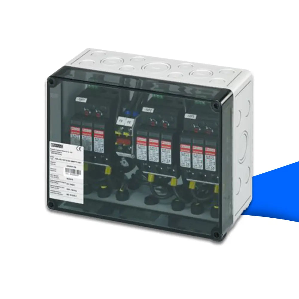 Phoenix Contact Generatoranschlusskasten SOL-SC-1ST-0-DC-3MPPT-1006 – PV-Stringanschlusskasten (DC) für 3 MPPT/3 String-Eingänge, mit Überspannungsschutz (SPD) und Anschlussklemmen im robusten, wetterfesten Gehäuse.