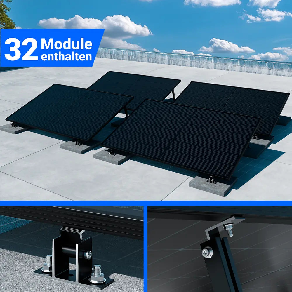 Photovoltaikanlage mit 32 Solarmodulen auf Flachdach, montiert mit stabiler Halterung und Betonballastierung zur sicheren Installation und nachhaltigen Stromerzeugung.