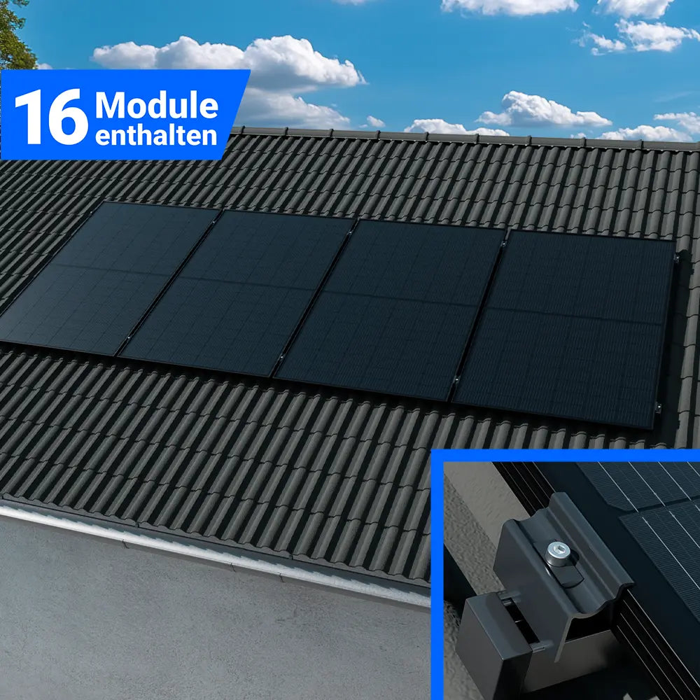 Photovoltaik-Montageset mit 16 Solarmodulen für Schrägdach, schwarze Module mit stabiler Dachhalterung zur sicheren Installation und nachhaltigen Stromerzeugung – erhältlich bei SH24.