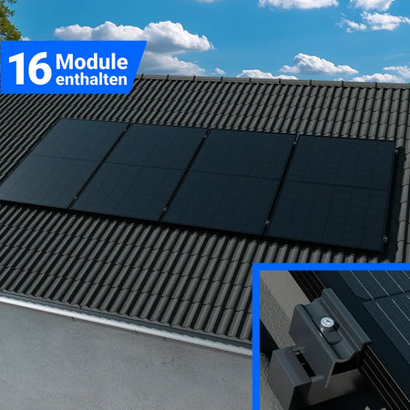 Photovoltaik-Montageset mit 16 Solarmodulen für Schrägdach, schwarze Module mit stabiler Dachhalterung zur sicheren Installation und nachhaltigen Stromerzeugung – erhältlich bei SH24.