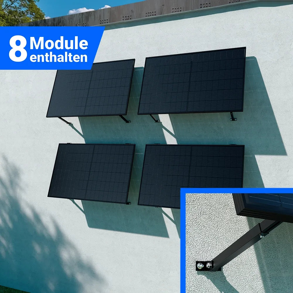 Photovoltaik Wandmontageset mit 8 Modulen – Komplettpaket mit Halterung und Zubehör – erhältlich im SH24 Shop.