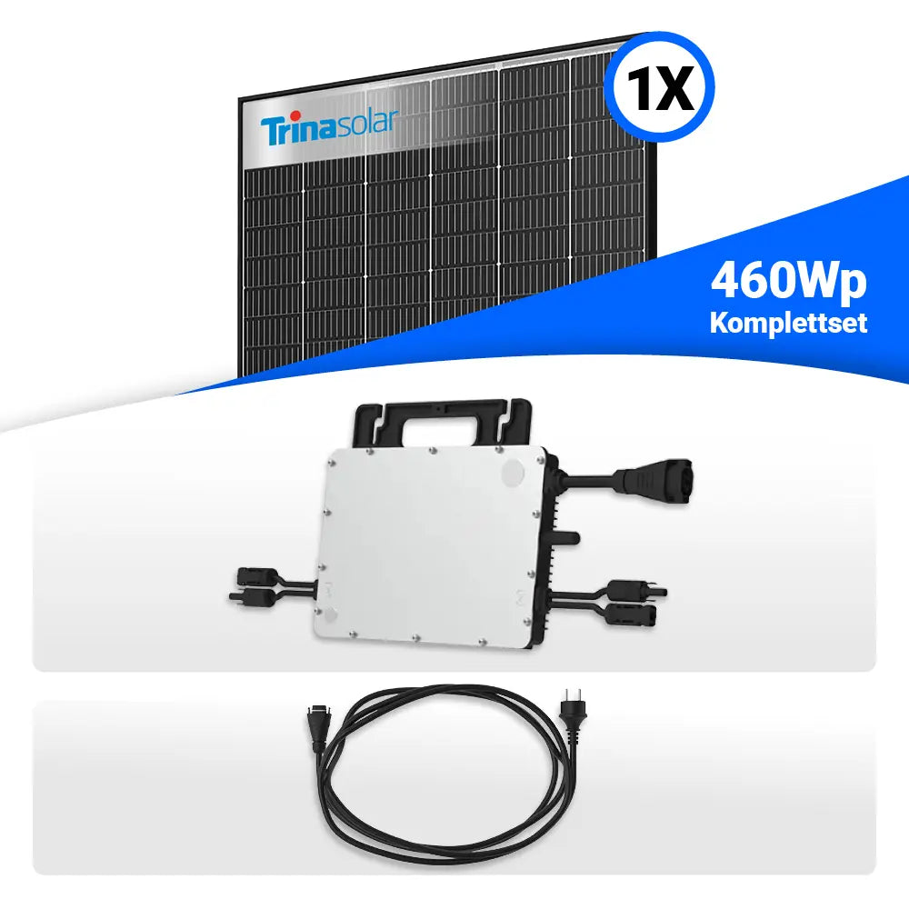 460W Balkonkraftwerk – Komplettset mit 1x Trina Vertex S+ 460W Glas-Glas Solarmodul im Black Frame Design und Hoymiles HMS-800W-2T Wechselrichter. Inklusive 5 m Schuko-Kabel für den direkten Anschluss. Erhältlich bei sh24.