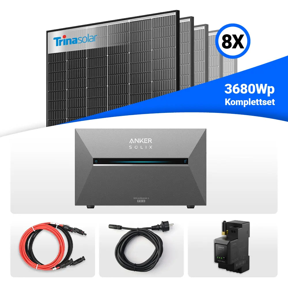 3680W Solarkraftwerk Komplettset mit Speicher – bestehend aus 8x Trina Vertex S+ 460W Glas-Glas Solarmodulen im Black Frame Design und der Anker Solix Solarbank 3 Pro mit 2,68 kWh Speicher. Inklusive Smart-Meter, Anschlusskabel und Zubehör. Erhältlich bei sh24.