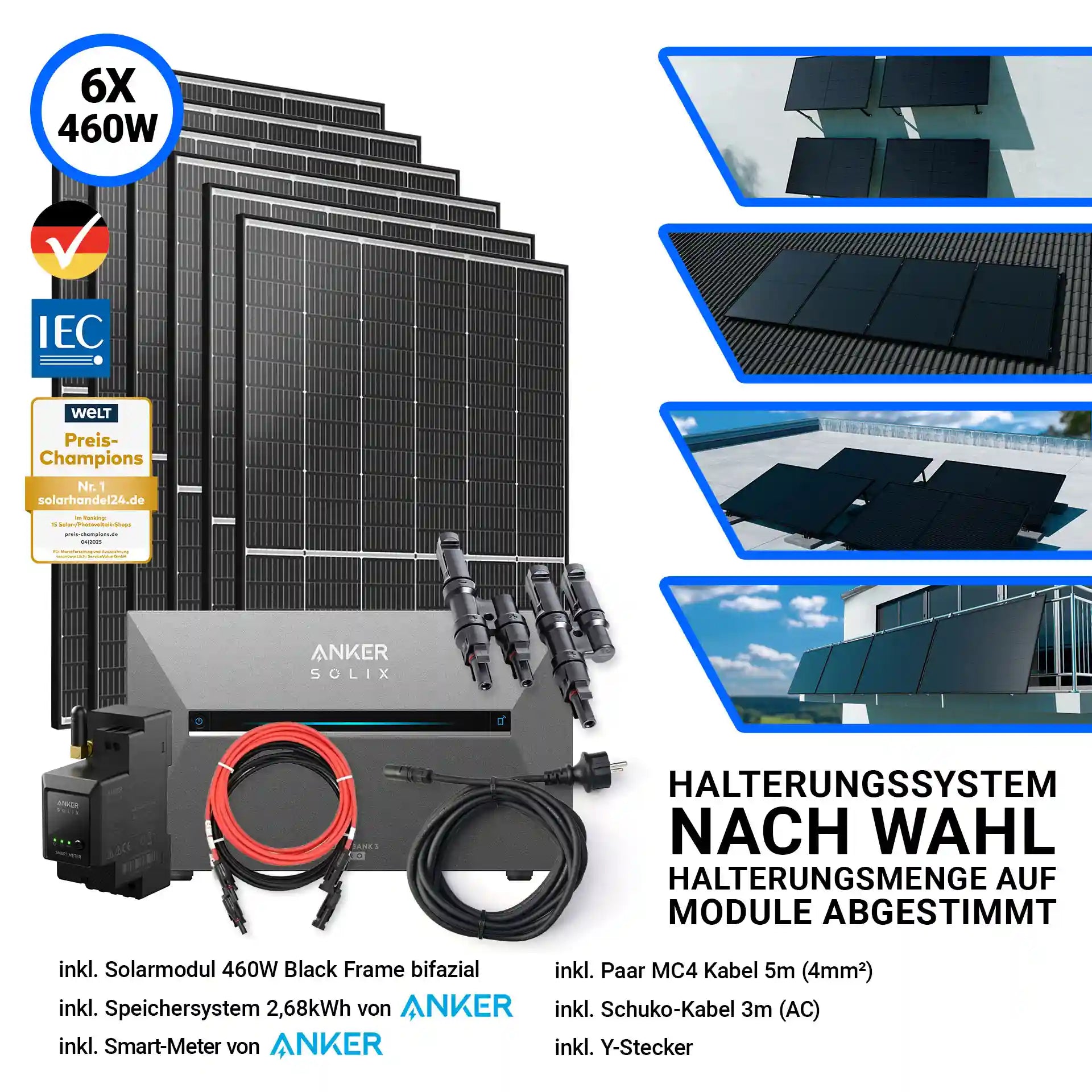 2760W Solarkraftwerk mit Speicher – Komplettset mit 6x Trina Vertex S+ 460W Glas-Glas Solarmodulen im Black Frame Design und der Anker Solix Solarbank 3 Pro mit 2,68 kWh Speicher. Inklusive Smart-Meter, Kabelset, Y-Stecker und Halterungssystem nach Wahl. Erhältlich bei sh24.