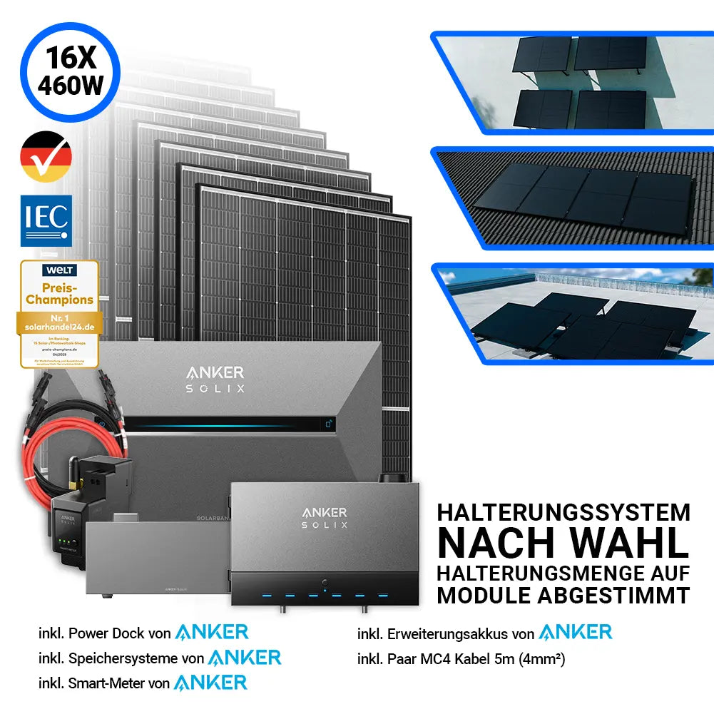7360W Anker Solix Power Dock PV-Komplettset mit 16x Trina Vertex S+ 460W Glas-Glas Black Frame Solarmodulen. Inklusive Anker Solix Power Dock, Solarbank 3 Pro, Erweiterungsakku, Smart Meter und MC4-Verbindungskabel. Flexibles Halterungssystem nach Wahl für maximale Effizienz.