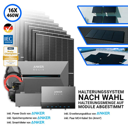 7360W Anker Solix Power Dock PV-Komplettset mit 16x Trina Vertex S+ 460W Glas-Glas Black Frame Solarmodulen. Inklusive Anker Solix Power Dock, Solarbank 3 Pro, Erweiterungsakku, Smart Meter und MC4-Verbindungskabel. Flexibles Halterungssystem nach Wahl für maximale Effizienz.